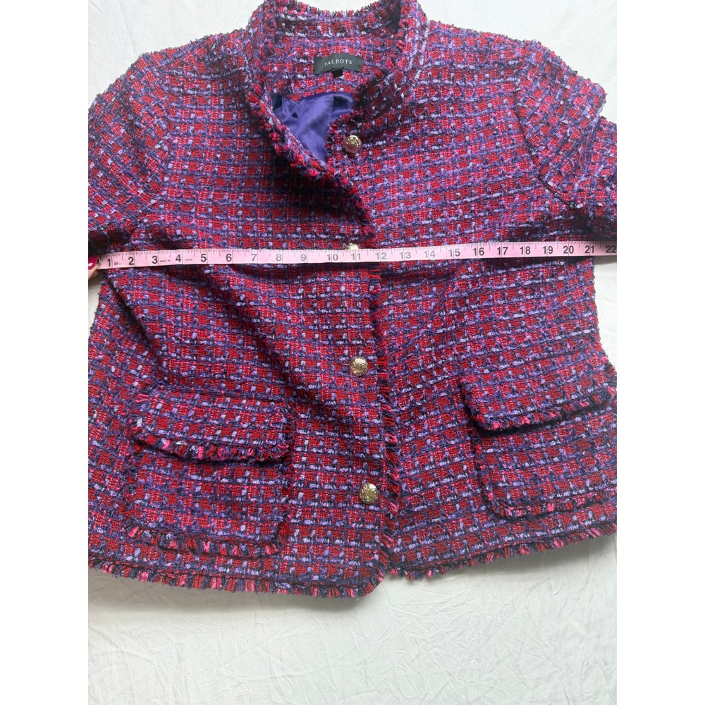 Talbots Womens Red Purple Tweed Blazer Jacket Gold Crest Buttons Fringed Size 16 - Picture 5 of 7